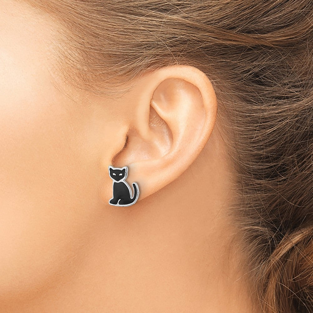 Rhodium-plated Sterling Silver Enameled Black Cat Post Earrings