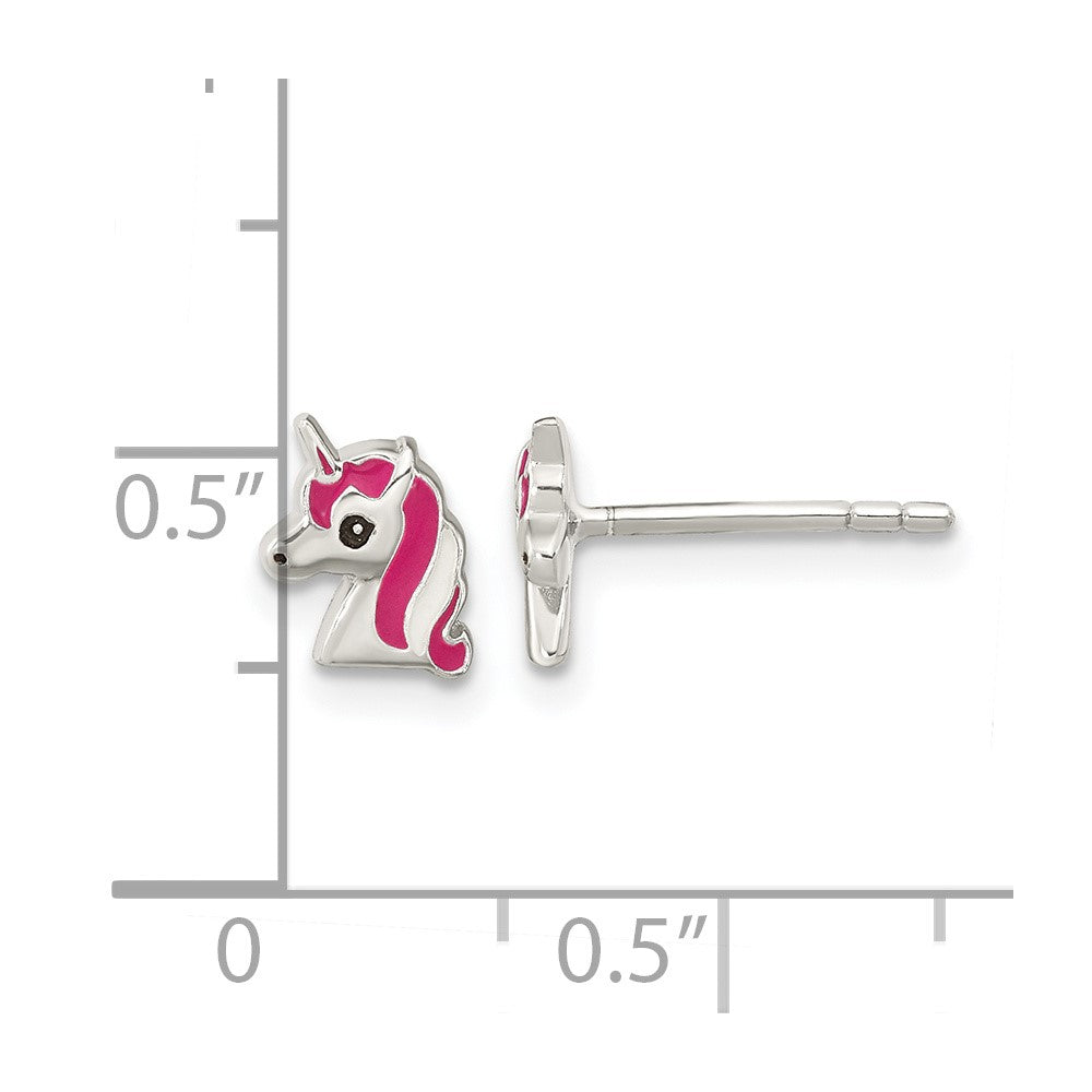 Sterling Silver Pink Enamel Unicorn Head Post Earrings
