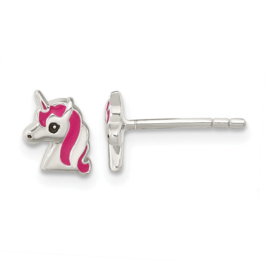 Sterling Silver Pink Enamel Unicorn Head Post Earrings