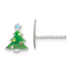 Rhodium-plated Silver Enamel Kids Christmas Tree Post Earrings