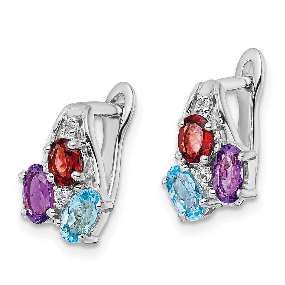 Rhodium-plated Silver 1.46tw Amethsyt, Garnet, Blue & White Topaz Hinged Earrings