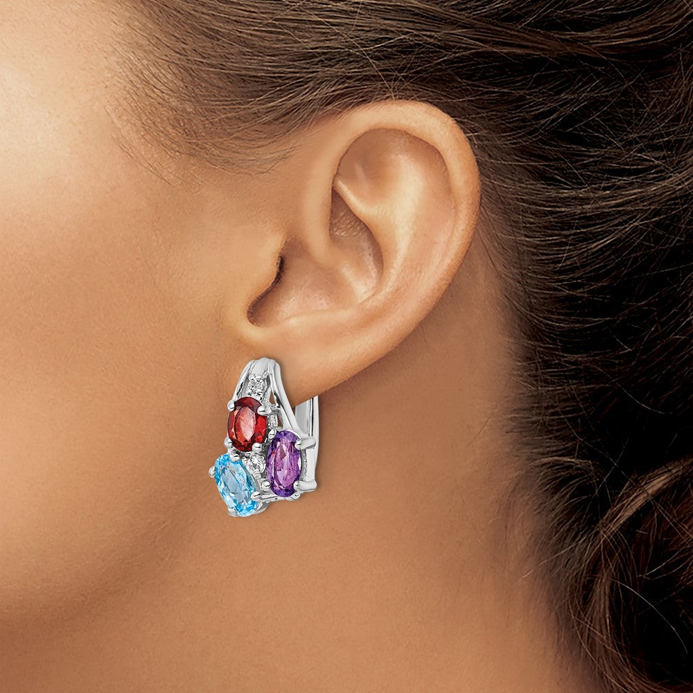 Rhodium-plated Silver 1.46tw Amethsyt, Garnet, Blue & White Topaz Hinged Earrings