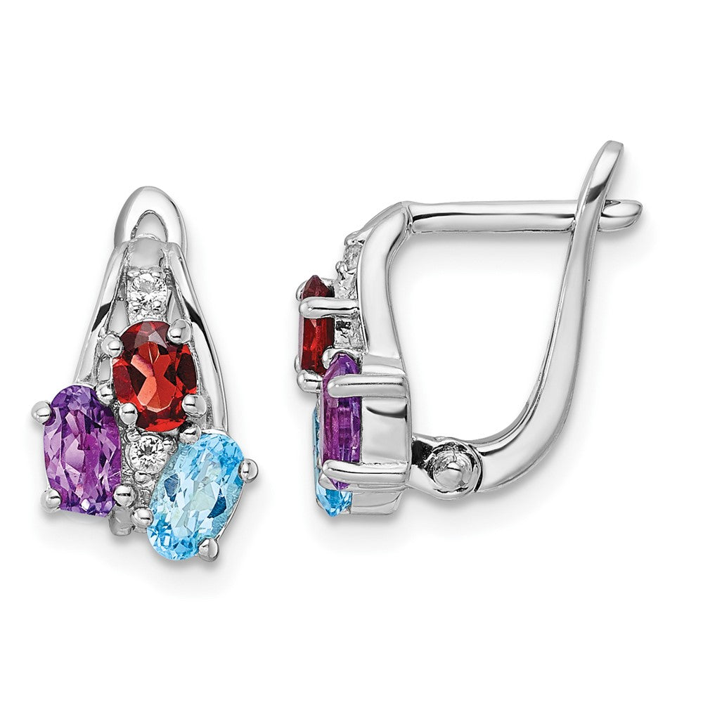 Rhodium-plated Silver 1.46tw Amethsyt, Garnet, Blue & White Topaz Hinged Earrings