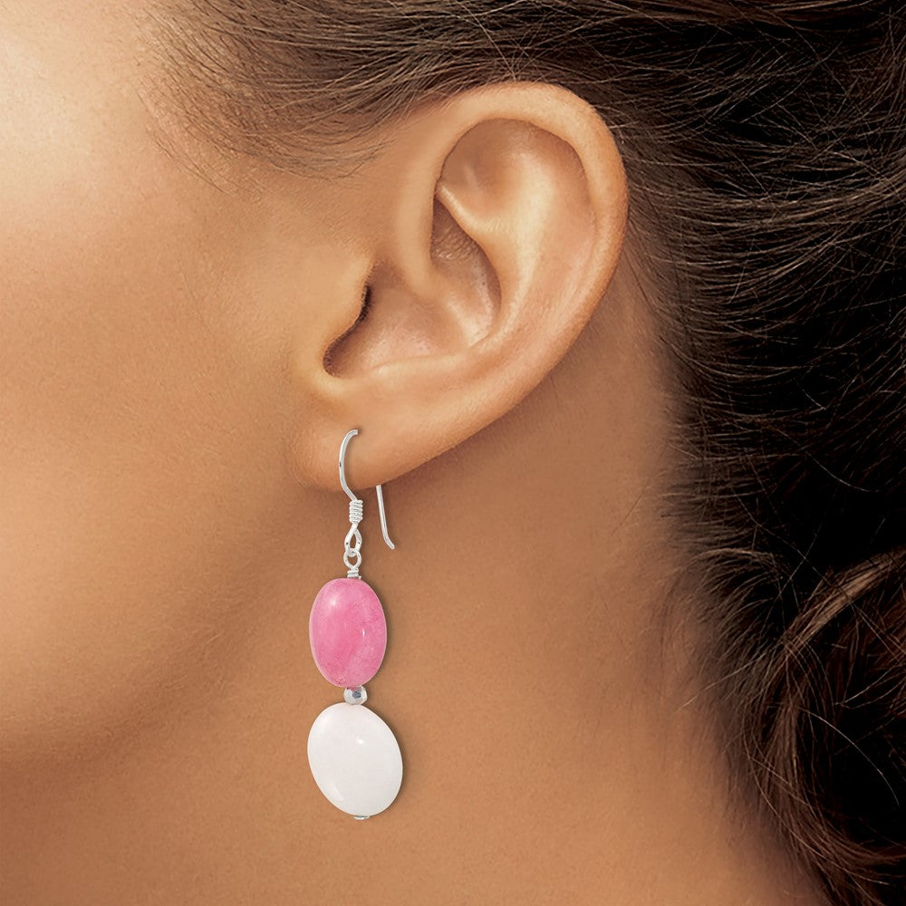 Sterling Silver Pink White Jade and Crystal Shepherd Hook Earrings