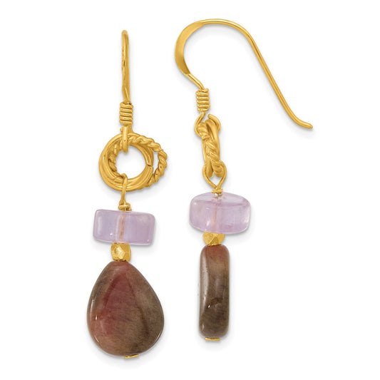 Yellow Gold-plated Sterling Silver Amethyst and Tourmaline Dangle Earrings