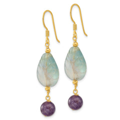 Yellow Gold-plated Sterling Silver Amethyst and Fluorite Leaf Earrings