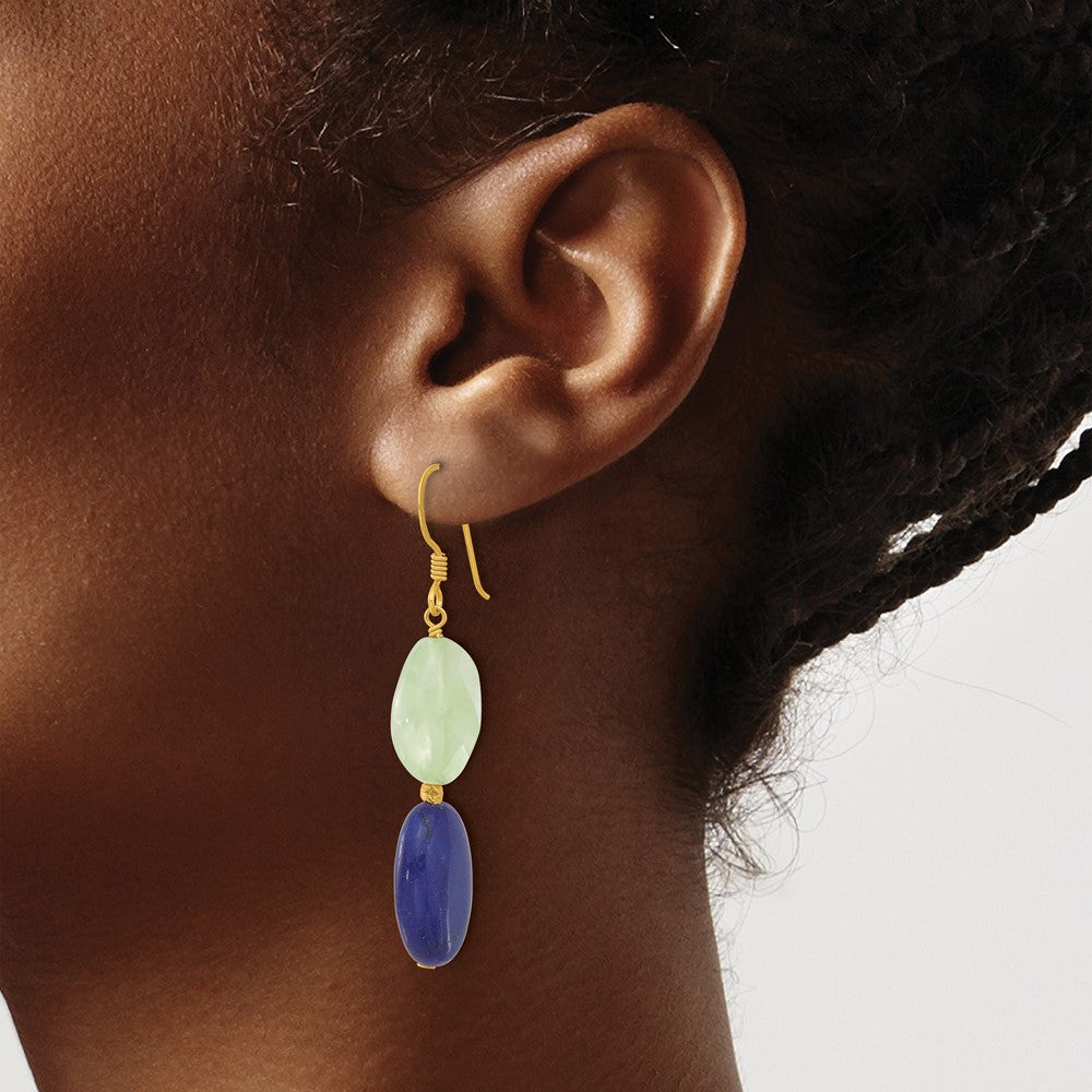 Yellow Gold-plated Sterling Silver Prehnite and Blue Quartz Dangle Earrings