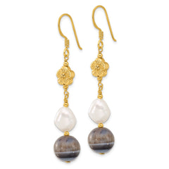 Yellow Gold-plated Sterling Silver FWC Pearl and Sardonyx Flower Earrings