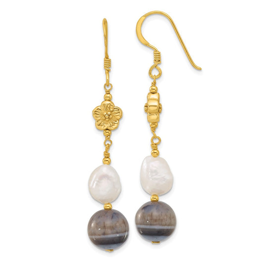 Yellow Gold-plated Sterling Silver FWC Pearl and Sardonyx Flower Earrings