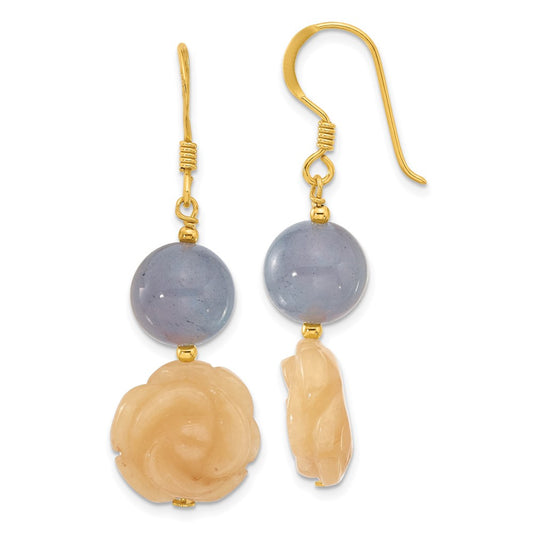 Yellow Gold-plated Sterling Silver Blue Agate Yellow Jade Flower Earrings