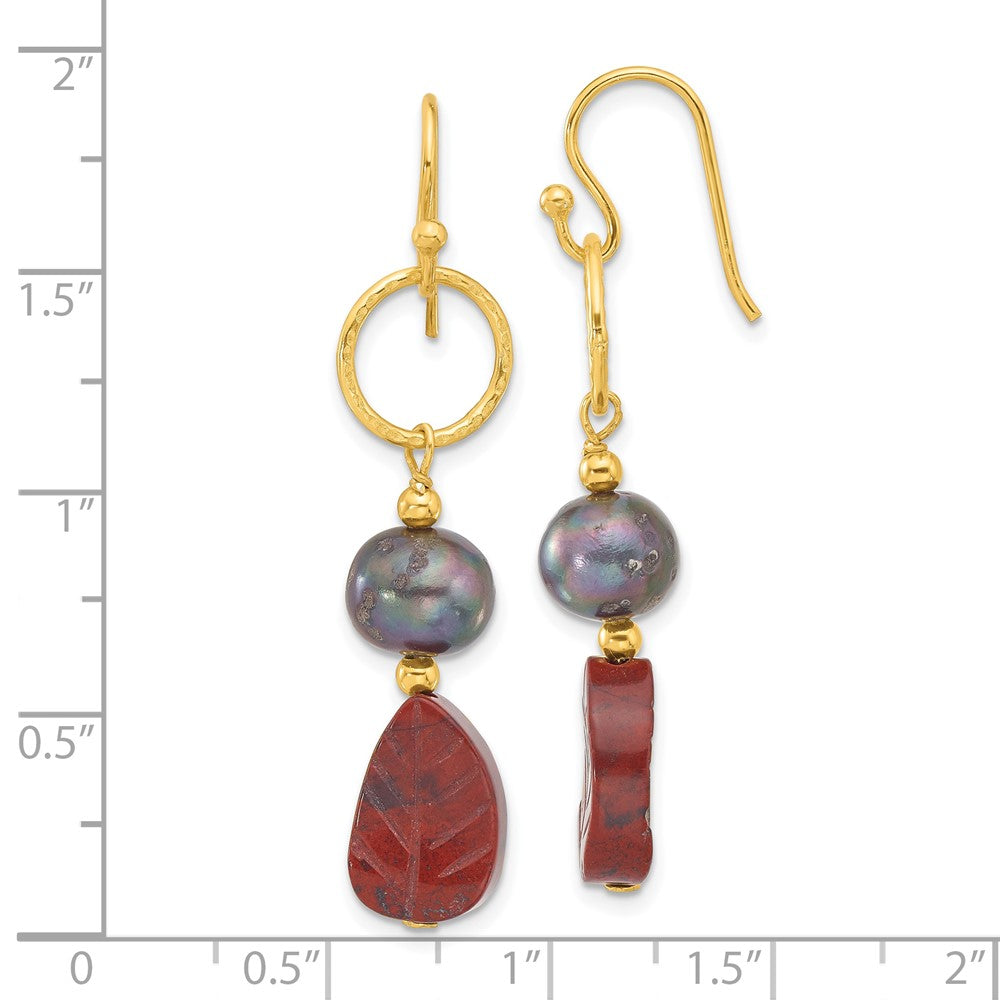 Yellow Gold-plated Sterling Silver Black FWC Pearl Jasper Leaf Stone Earrings