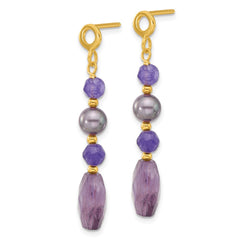 Yellow Gold-plated Sterling Silver Blk FWC Pearl Amethyst Quartz Earrings
