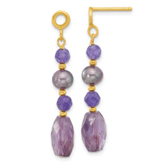 Yellow Gold-plated Sterling Silver Blk FWC Pearl Amethyst Quartz Earrings