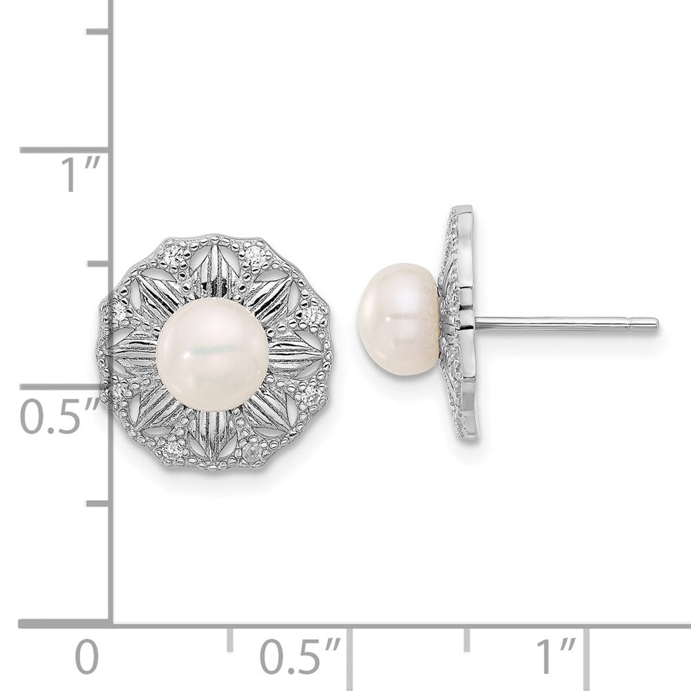 Rhodium-plated Silver Textured 5-6mm FWC Pearl Flower Post Earrings
