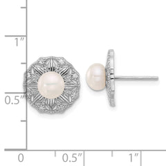 Rhodium-plated Silver Textured 5-6mm FWC Pearl Flower Post Earrings
