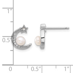 Rhodium-plated Sterling Silver CZ and FWC Pearl Moon and Star Post Earrings