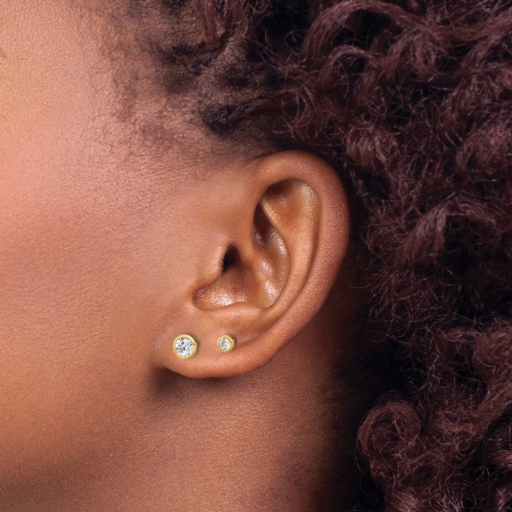 Yellow Gold-plated Sterling Silver 3mm and 5mm CZ Bezel Post Earrings