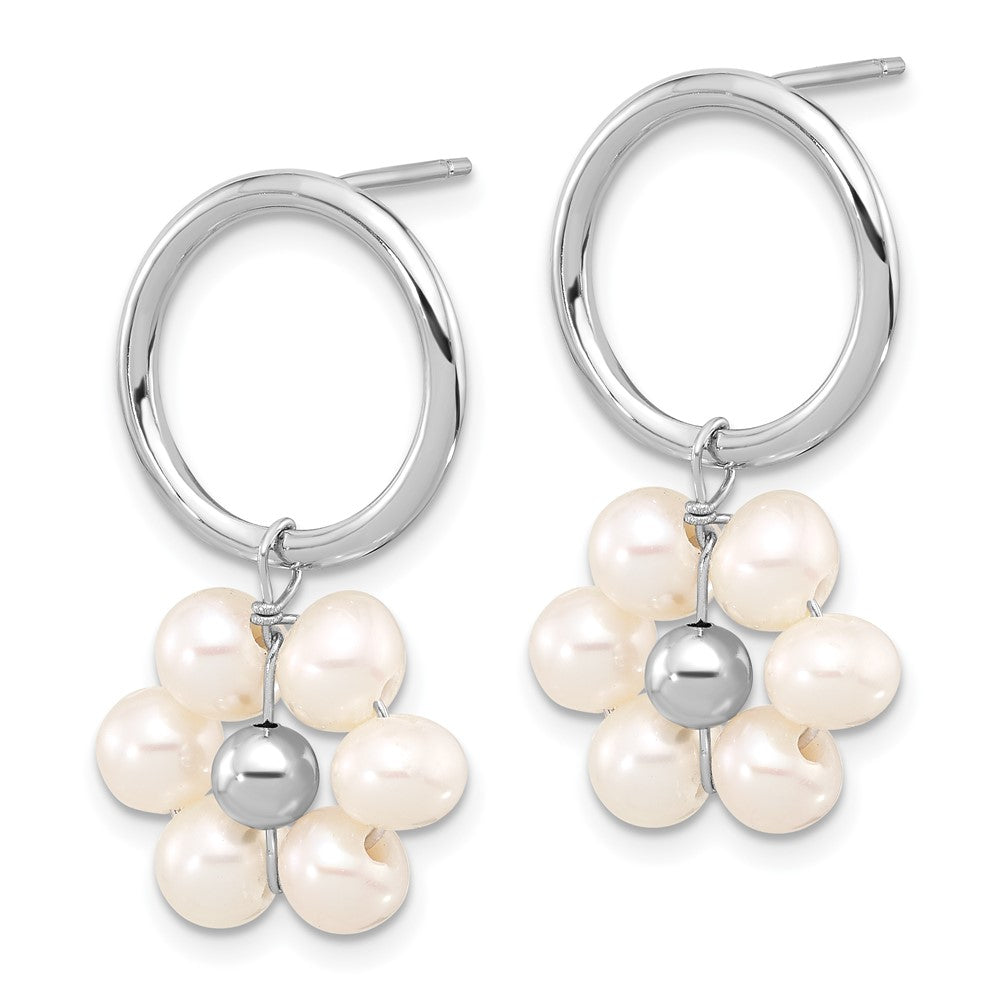 Rhodium-plated Silver 4-5mm White FWC Pearl Flower Dangle Earrings