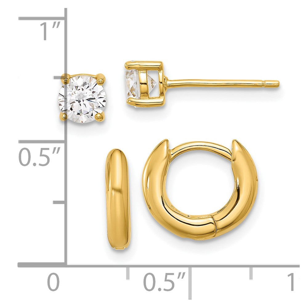 Yellow Gold-plated Sterling Silver 2.5mm Huggie Hoops 5mm CZ Stud Earrings Set