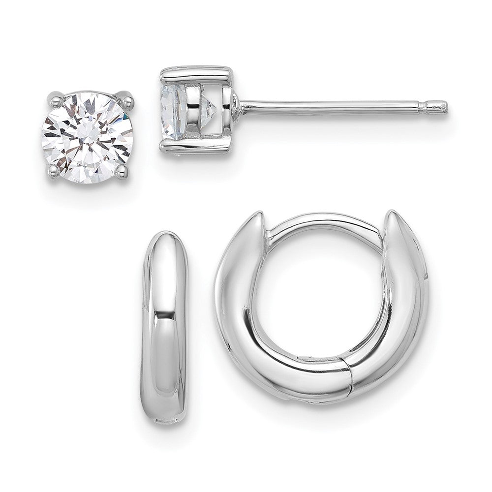 Rhodium-plated Silver 2.5mm Huggie Hoops 5mm CZ Stud Earrings Set