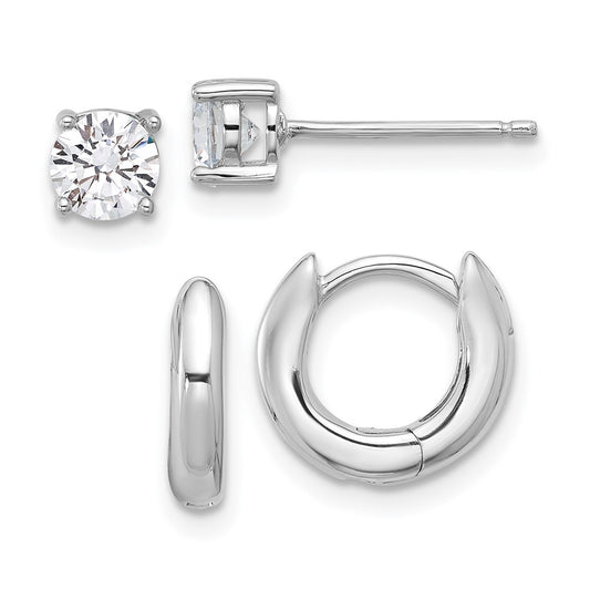 Rhodium-plated Silver 2.5mm Huggie Hoops 5mm CZ Stud Earrings Set