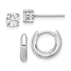 Rhodium-plated Silver 2.5mm Huggie Hoops 5mm CZ Stud Earrings Set