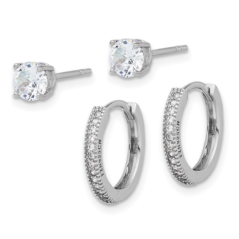 Rhodium-plated Sterling Silver CZ 2mm Hoop and 5mm Stud Post Earrings Set