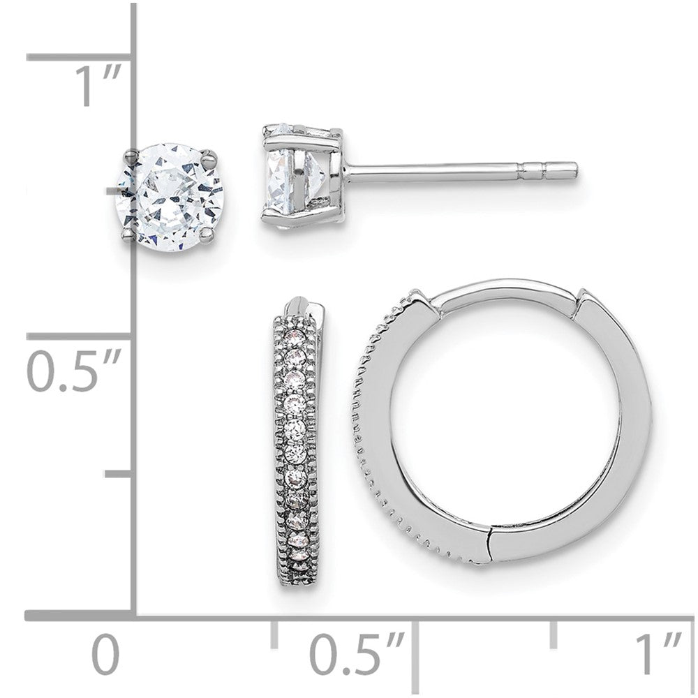 Rhodium-plated Sterling Silver CZ 2mm Hoop and 5mm Stud Post Earrings Set