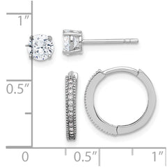 Rhodium-plated Sterling Silver CZ 2mm Hoop and 5mm Stud Post Earrings Set