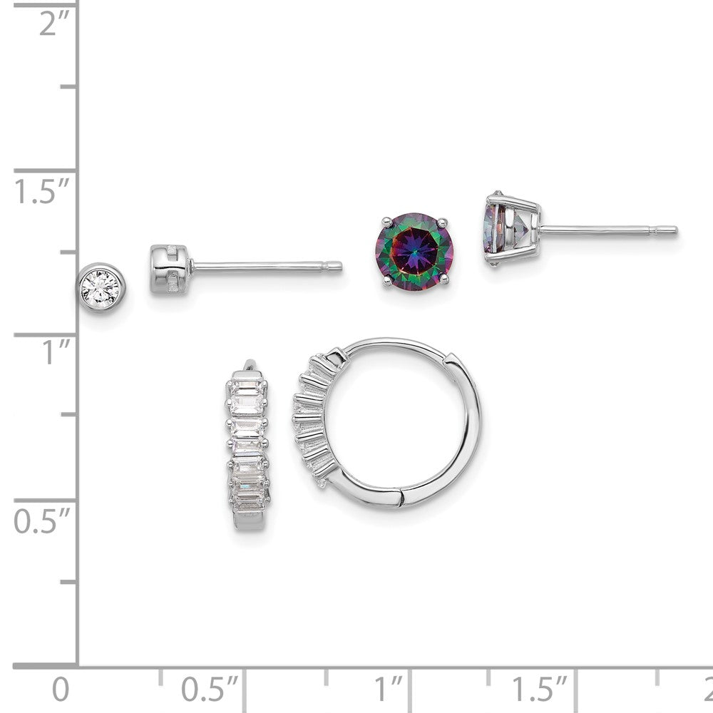 Rhodium-plated Silver Mystique and White CZ Post Hoop 3 Earrings Set