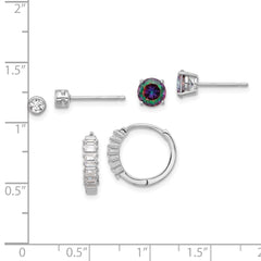 Rhodium-plated Silver Mystique and White CZ Post Hoop 3 Earrings Set