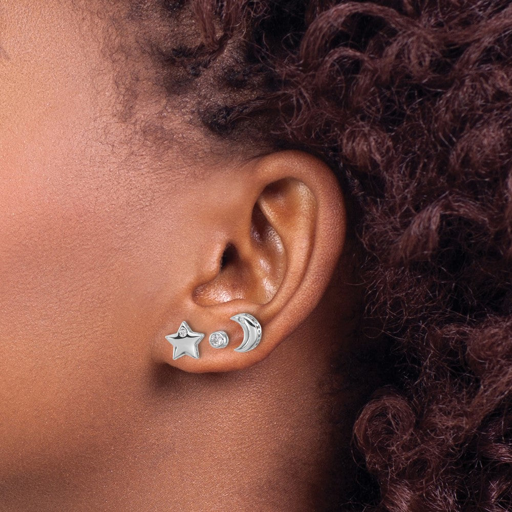 Rhodium-plated Silver CZ Moon Star and Round Set of 3 Post Earrings