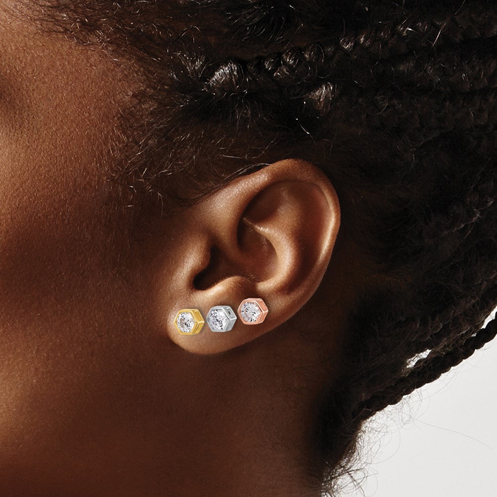 Rhodium-plated Silver Rose and Gold-tone CZ Set of 3 Post Earrings