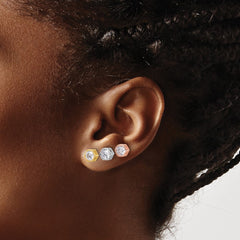 Rhodium-plated Silver Rose and Gold-tone CZ Set of 3 Post Earrings