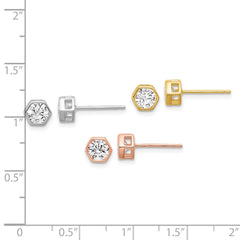 Rhodium-plated Silver Rose and Gold-tone CZ Set of 3 Post Earrings