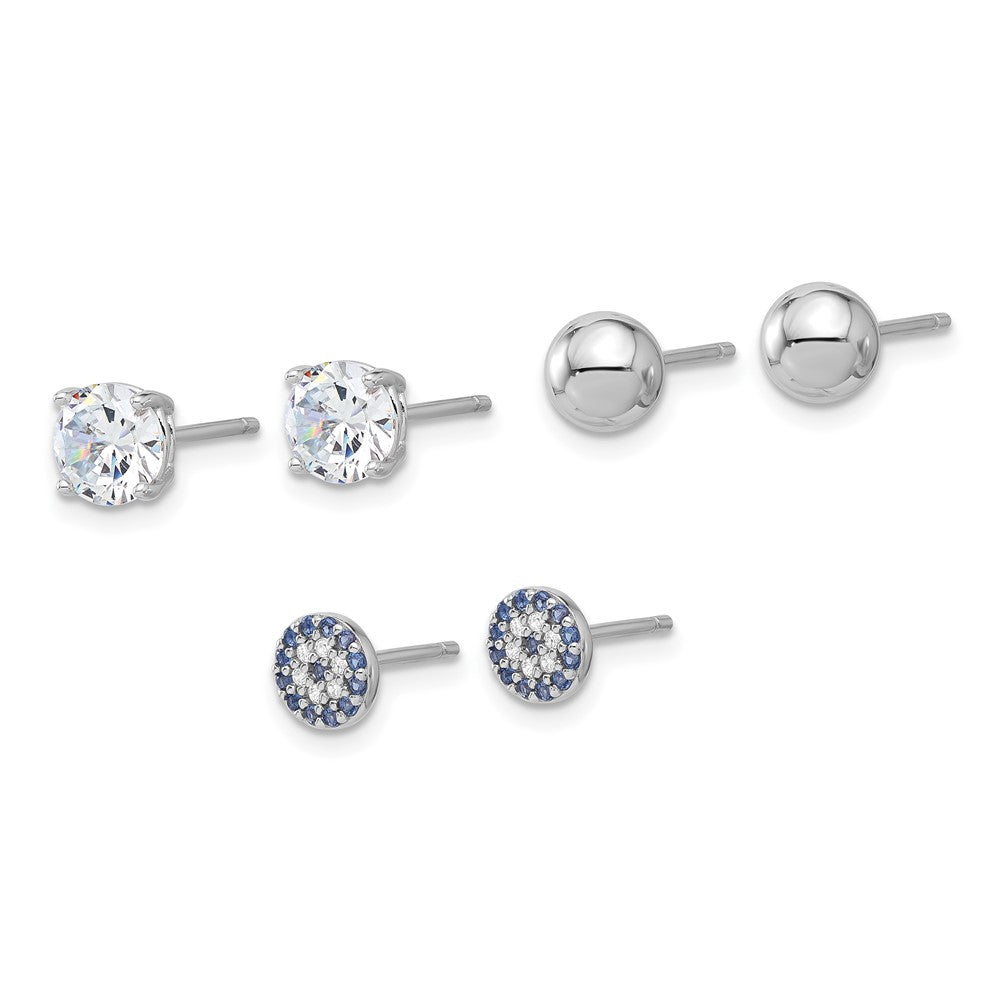 Rhodium-plated Sterling Silver CZ Glass Crystal Ball 3 Pair Earrings Set