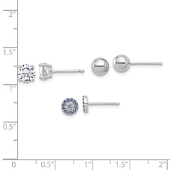 Rhodium-plated Sterling Silver CZ Glass Crystal Ball 3 Pair Earrings Set