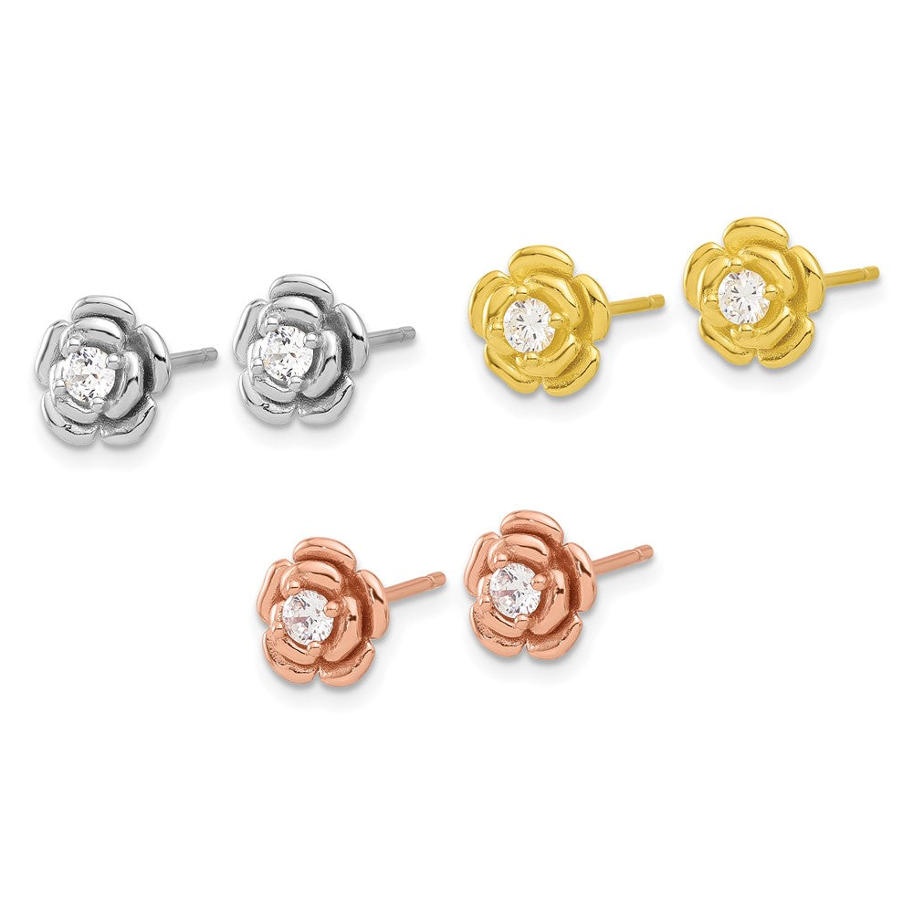 Sterling Silver, Yellow & Rose Gold-plated CZ Rose 3 Pair Earrings Set
