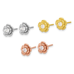 Sterling Silver, Yellow & Rose Gold-plated CZ Rose 3 Pair Earrings Set