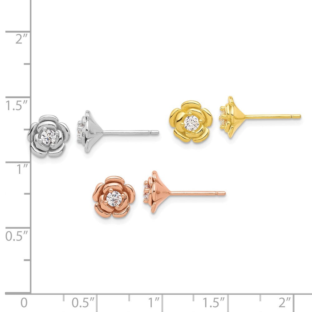 Sterling Silver, Yellow & Rose Gold-plated CZ Rose 3 Pair Earrings Set