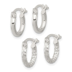 Sterling Silver Polished and Textured Diamond-cut Set of 2 Pairs of Hoop Earrings