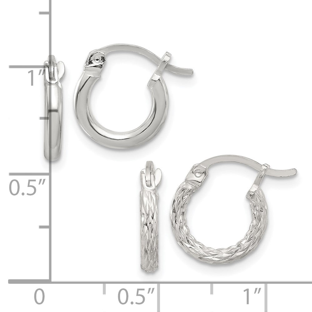 Sterling Silver Polished and Textured Diamond-cut Set of 2 Pairs of Hoop Earrings