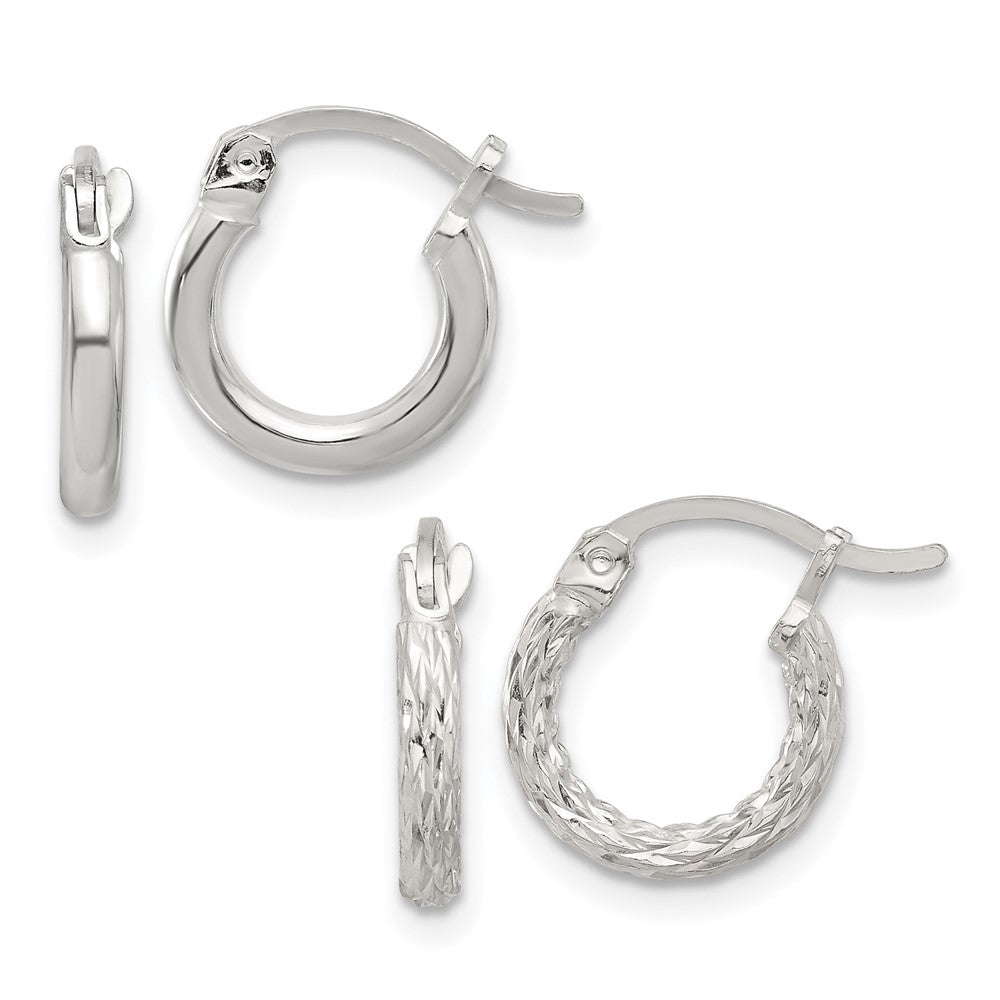 Sterling Silver Polished and Textured Diamond-cut Set of 2 Pairs of Hoop Earrings