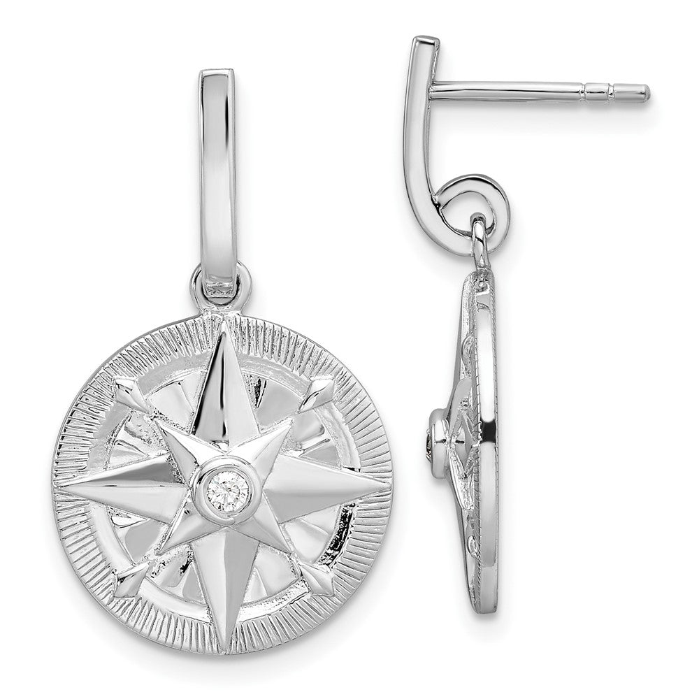 Rhodium-plated Sterling Silver Compass Dangle Post Earrings