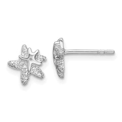 Rhodium-plated Silver Polished and Textured Starfish Earrings