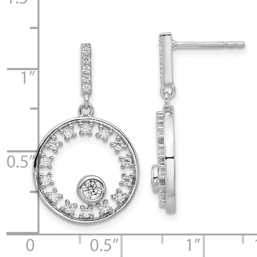 Rhodium-plated Sterling Silver Fancy Circle CZ Dangle Post Earrings