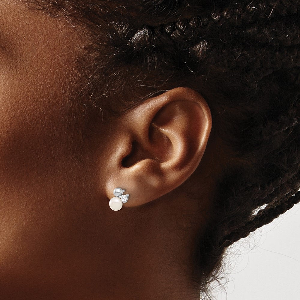 Rhodium-plated Sterling Silver CZ and FWC Pearl Post Earrings