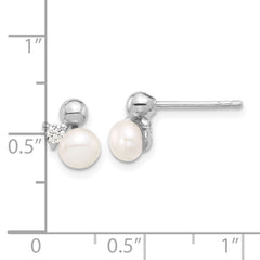 Rhodium-plated Sterling Silver CZ and FWC Pearl Post Earrings