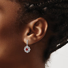 Rhodium-plated Silver Red Glass & Clear CZ Vintage Dangle Post Earrings