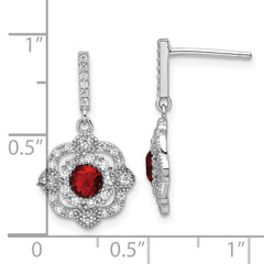 Rhodium-plated Silver Red Glass & Clear CZ Vintage Dangle Post Earrings